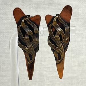 Hand-Carved Cut Copper w/ Melted Gold Tone Design Metal Clip-On Unique Earrings